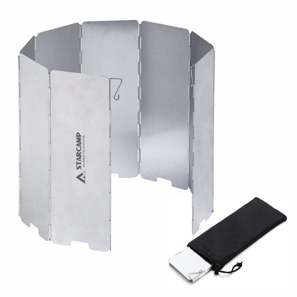 STARCAMP foldable 8-panel aluminium wind shield for camping stoves fully open showing hook clip and black drawstring carry bag