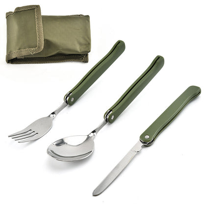 STARCAMP 3-piece foldable camping cutlery set with stainless steel fork, spoon and knife with olive green canvas carry pouch