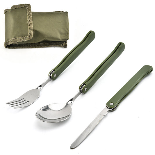STARCAMP 3-piece foldable camping cutlery set with stainless steel fork, spoon and knife with olive green canvas carry pouch
