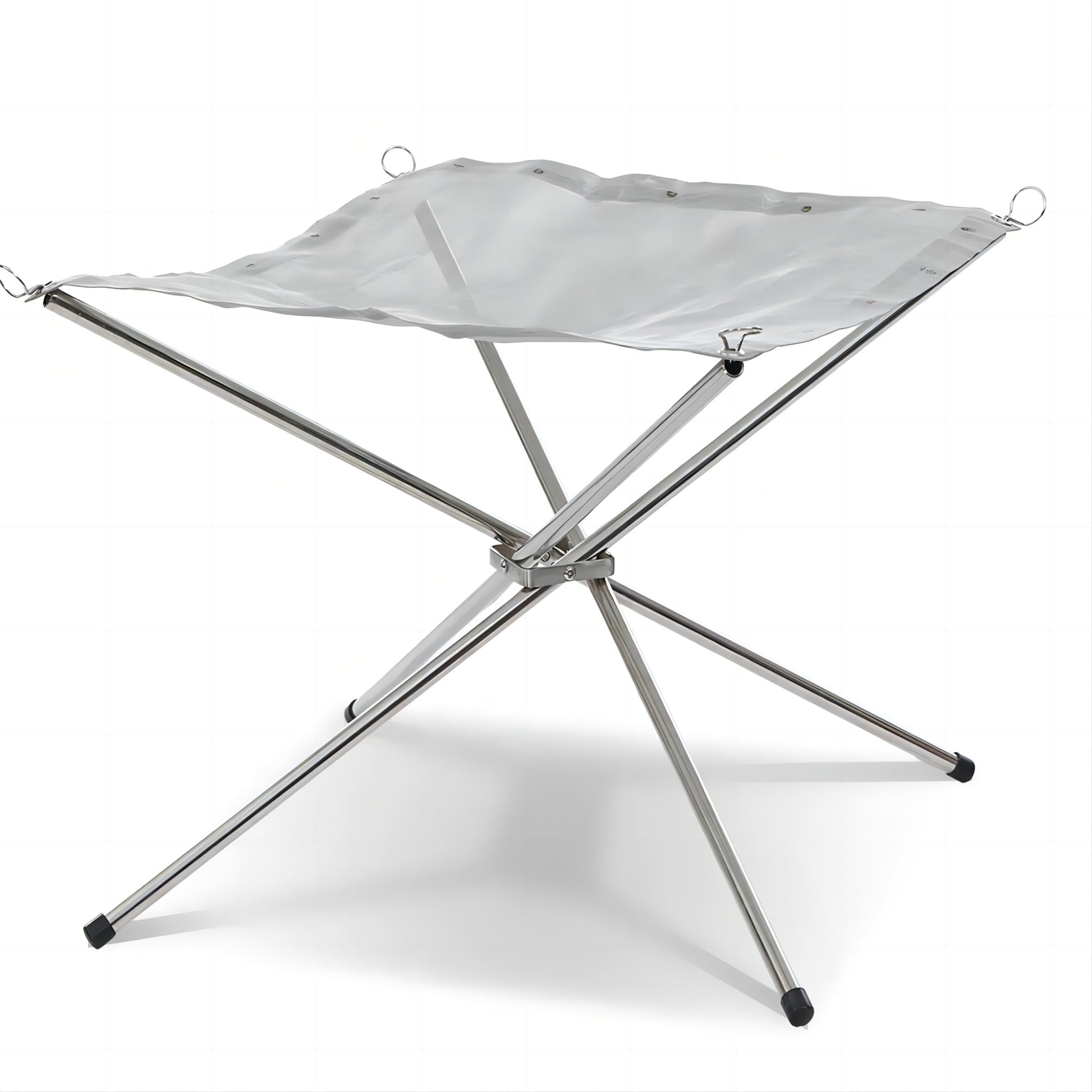 STARCAMP foldable camping fire pit with stainless steel mesh bowl burning wood on X-frame legs with carry bag
