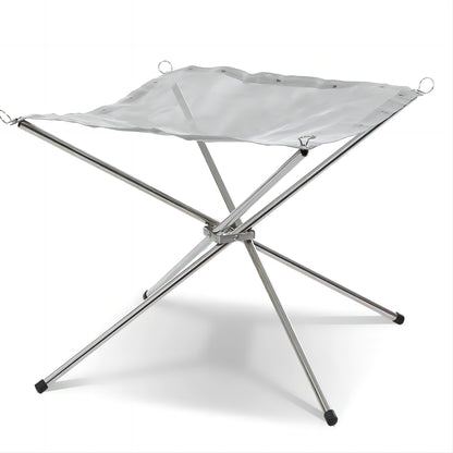 STARCAMP foldable camping fire pit with stainless steel mesh bowl burning wood on X-frame legs with carry bag
