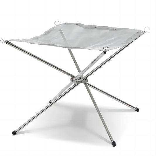 STARCAMP foldable camping fire pit with stainless steel mesh bowl burning wood on X-frame legs with carry bag