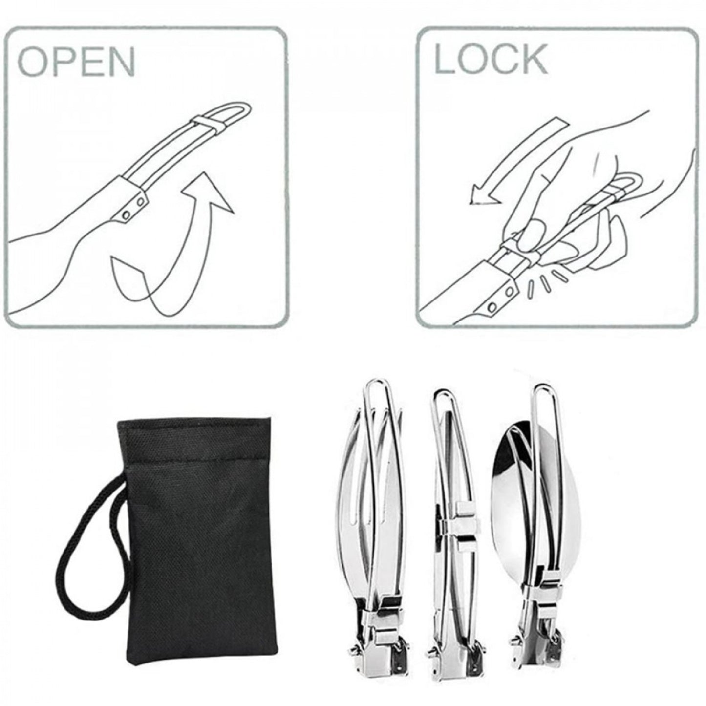 STARCAMP folding stainless steel fork, spoon and knife fully unfolded to 16cm showing polished finish and wire loop handles