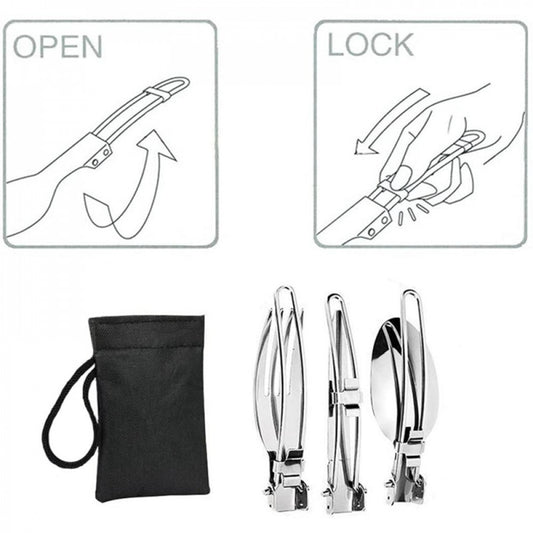 STARCAMP folding stainless steel fork, spoon and knife fully unfolded to 16cm showing polished finish and wire loop handles