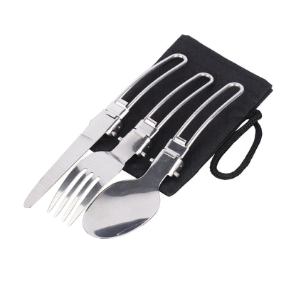 STARCAMP 3-piece folding stainless steel cutlery set with fork, spoon and knife alongside black canvas carry pouch