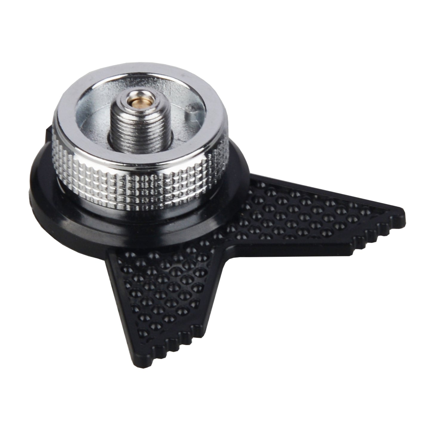 Close up of STARCAMP gas connector adapter black nylon A-frame stand with rubber dot anti-slip base