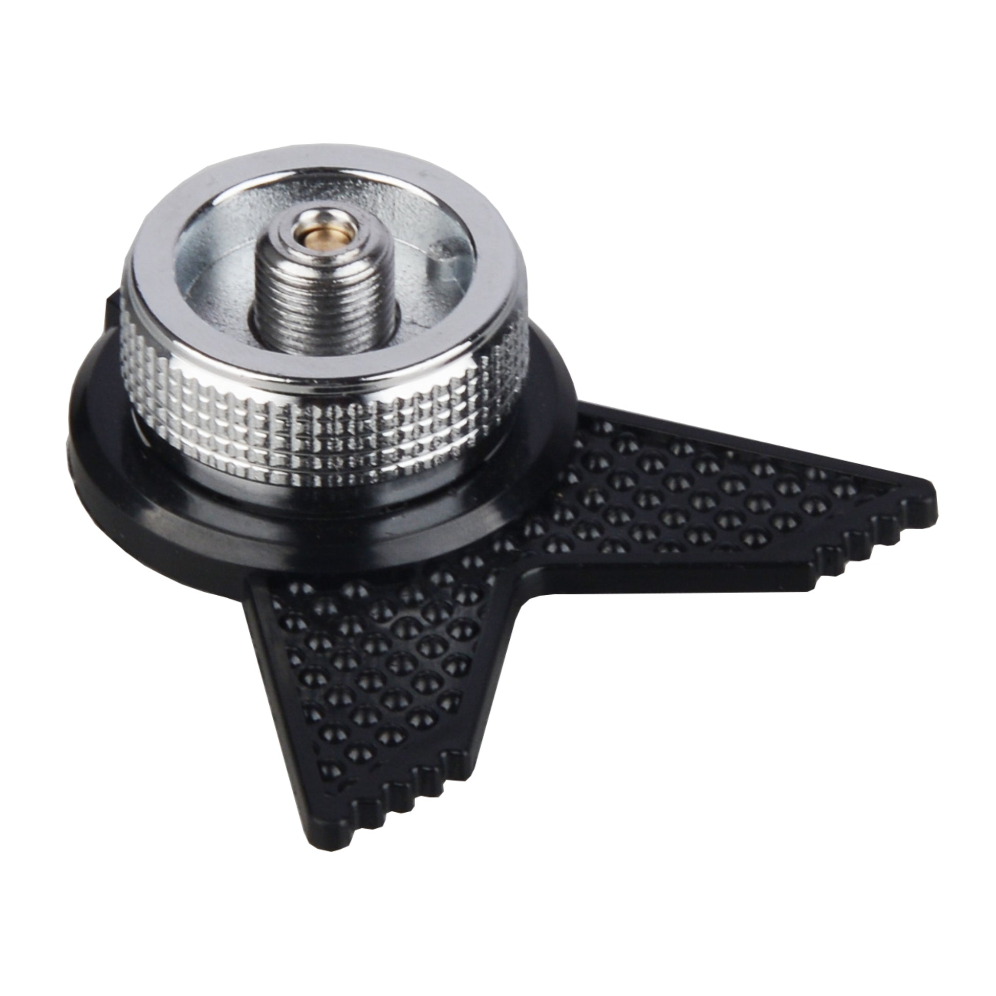 Close up of STARCAMP gas connector adapter black nylon A-frame stand with rubber dot anti-slip base