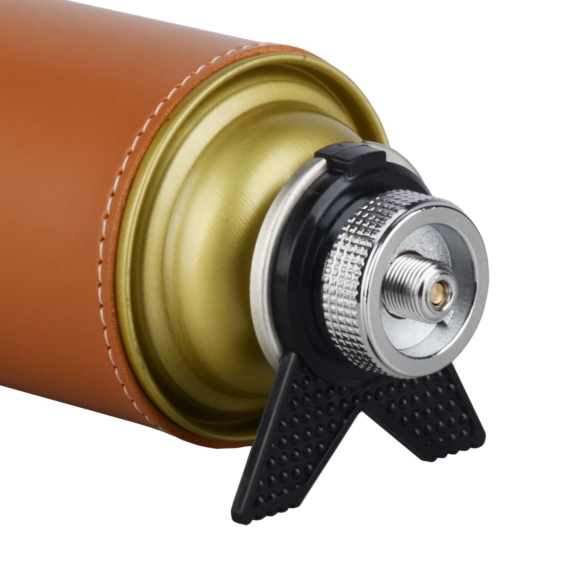 Close up of STARCAMP gas stove adapter chrome aluminium connector head with central brass auto-closing valve