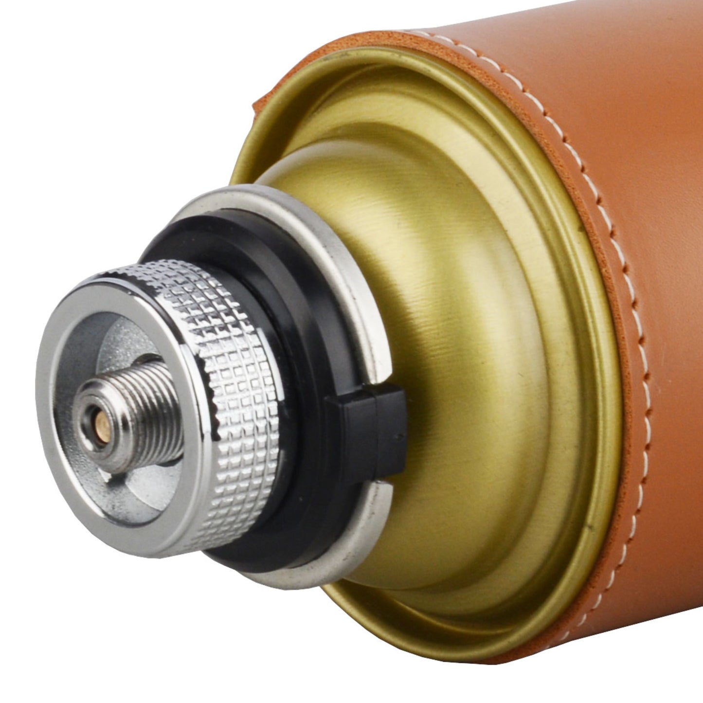 Close up of STARCAMP gas adapter chrome knurled grip for easy hand tightening without tools