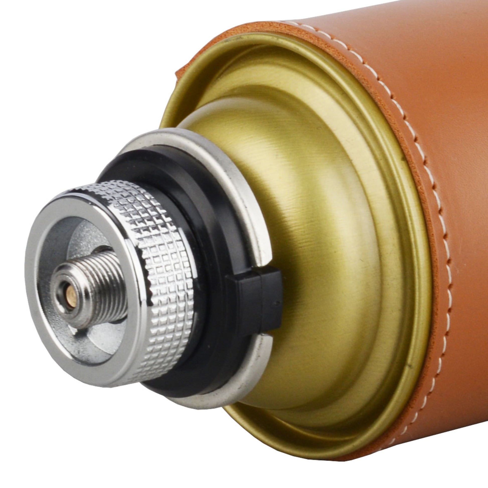 Close up of STARCAMP gas adapter chrome knurled grip for easy hand tightening without tools