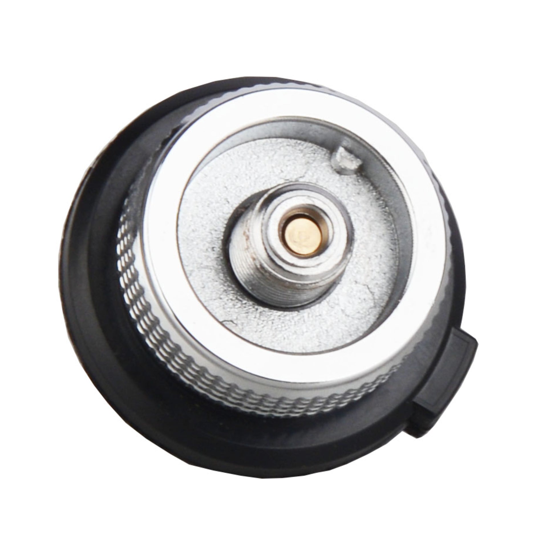 Top view of STARCAMP gas canister adapter showing threaded male screw-top connector for camping stoves