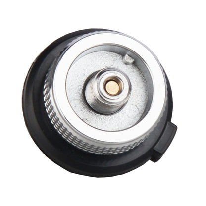 Top view of STARCAMP gas canister adapter showing threaded male screw-top connector for camping stoves