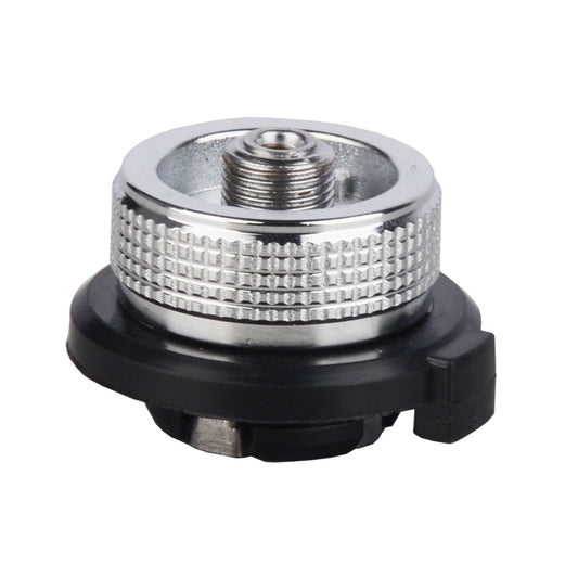 STARCAMP 28g gas canister adapter with chrome knurled aluminium body and black nylon locking base
