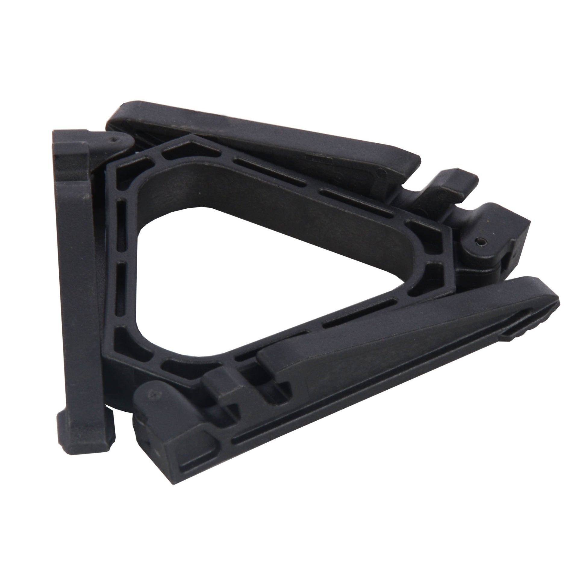 Close up of STARCAMP foldable canister stand clip-lock joint mechanism keeping legs secure when extended