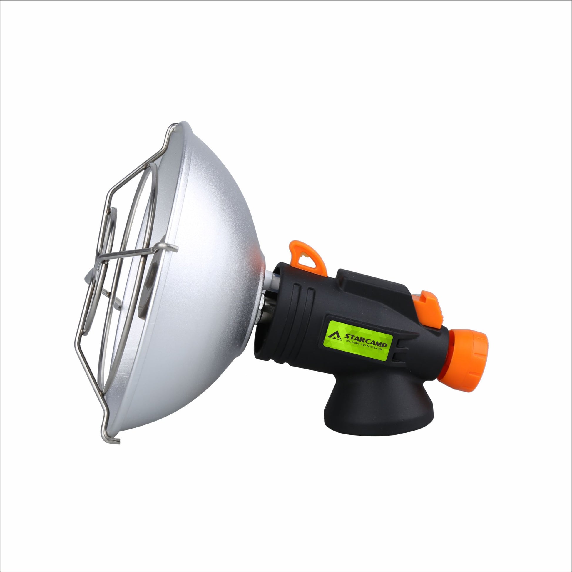 Close up of STARCAMP portable gas heater ceramic burner head behind stainless steel wire safety guard