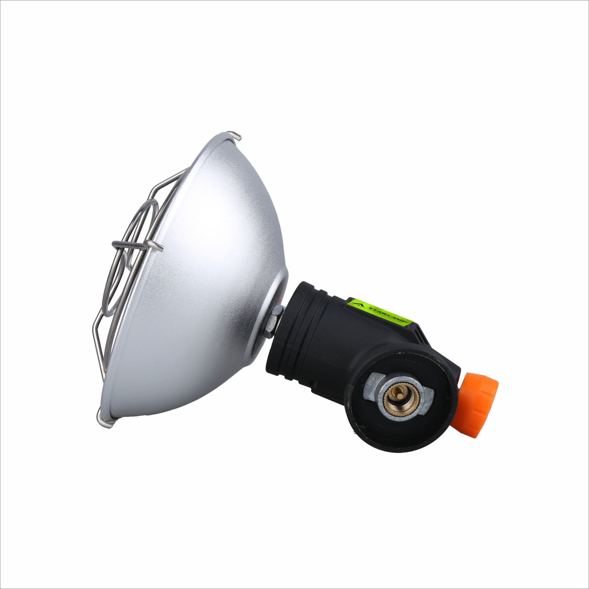 Close up of STARCAMP portable gas heater orange electronic ignition button and heat control knob