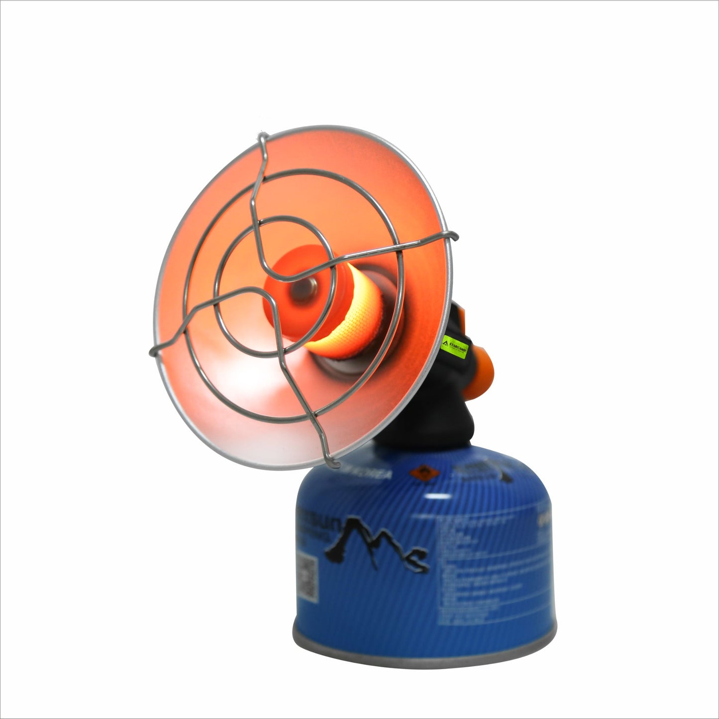 Front view of STARCAMP portable gas heater circular aluminium reflector dish and stainless steel wire safety guard