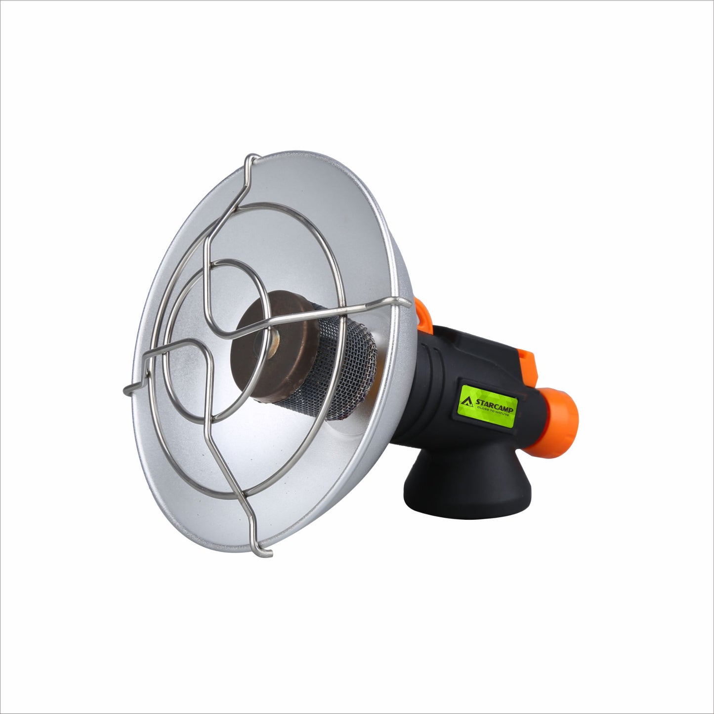 STARCAMP 1.1KW portable gas heater with circular reflector dish, wire safety guard and electronic ignition