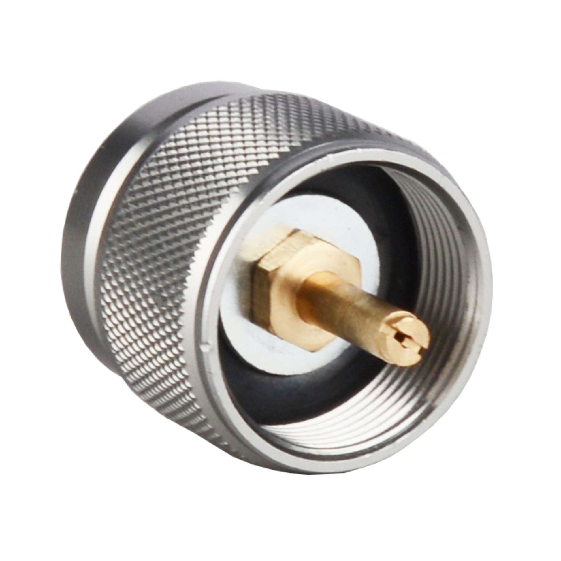Close up of STARCAMP propane gas tank adapter brass piercing pin for flat valve gas canister connection