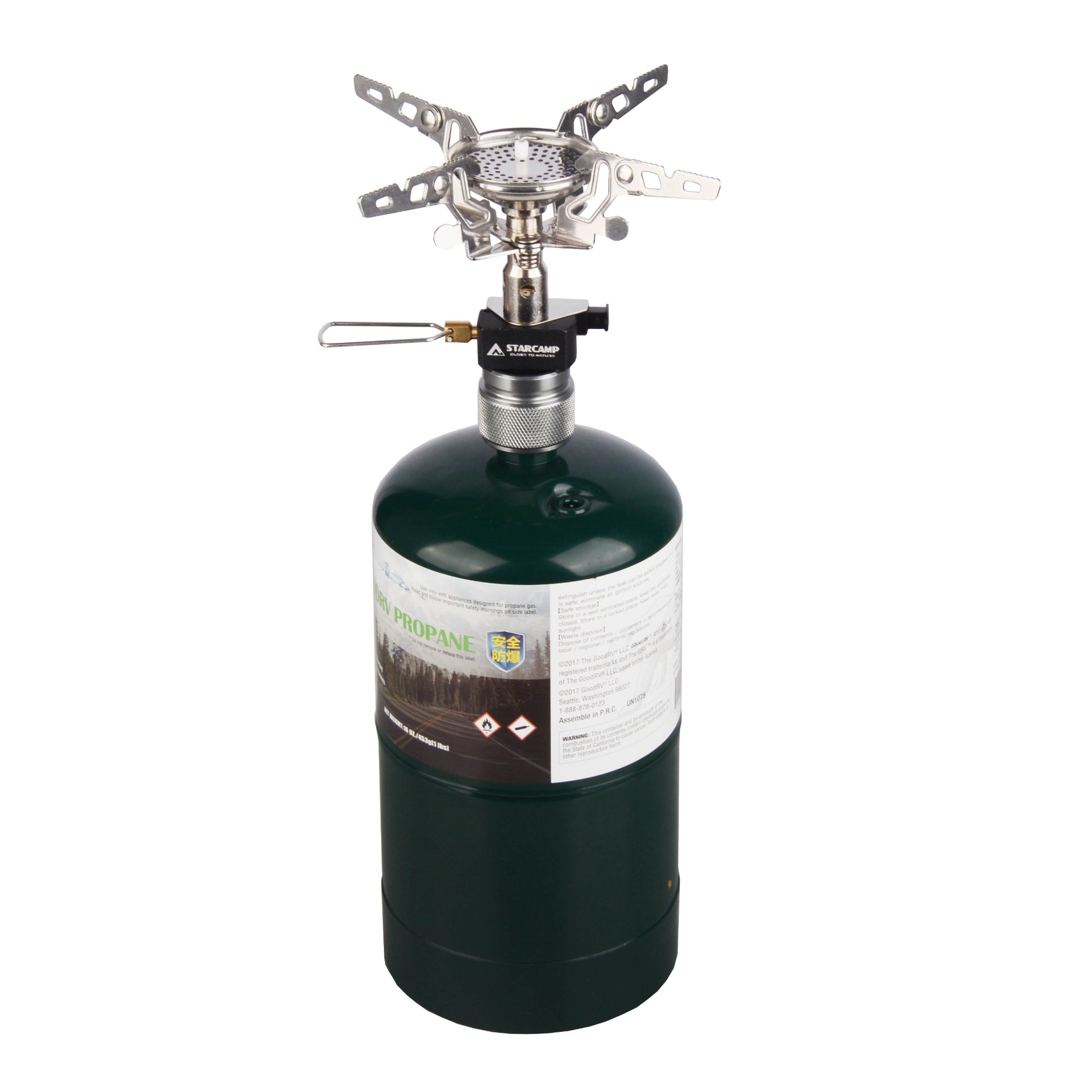 STARCAMP propane gas tank adapter installed on standard flat valve camping gas canister for outdoor stove use