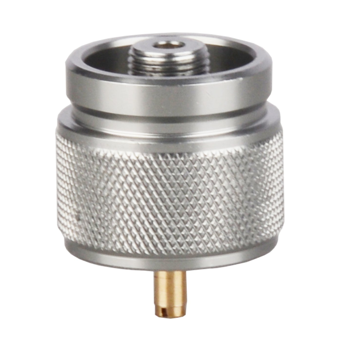 STARCAMP 31g all-metal propane gas tank adapter in brushed aluminium with deep diamond knurl grip and brass pin