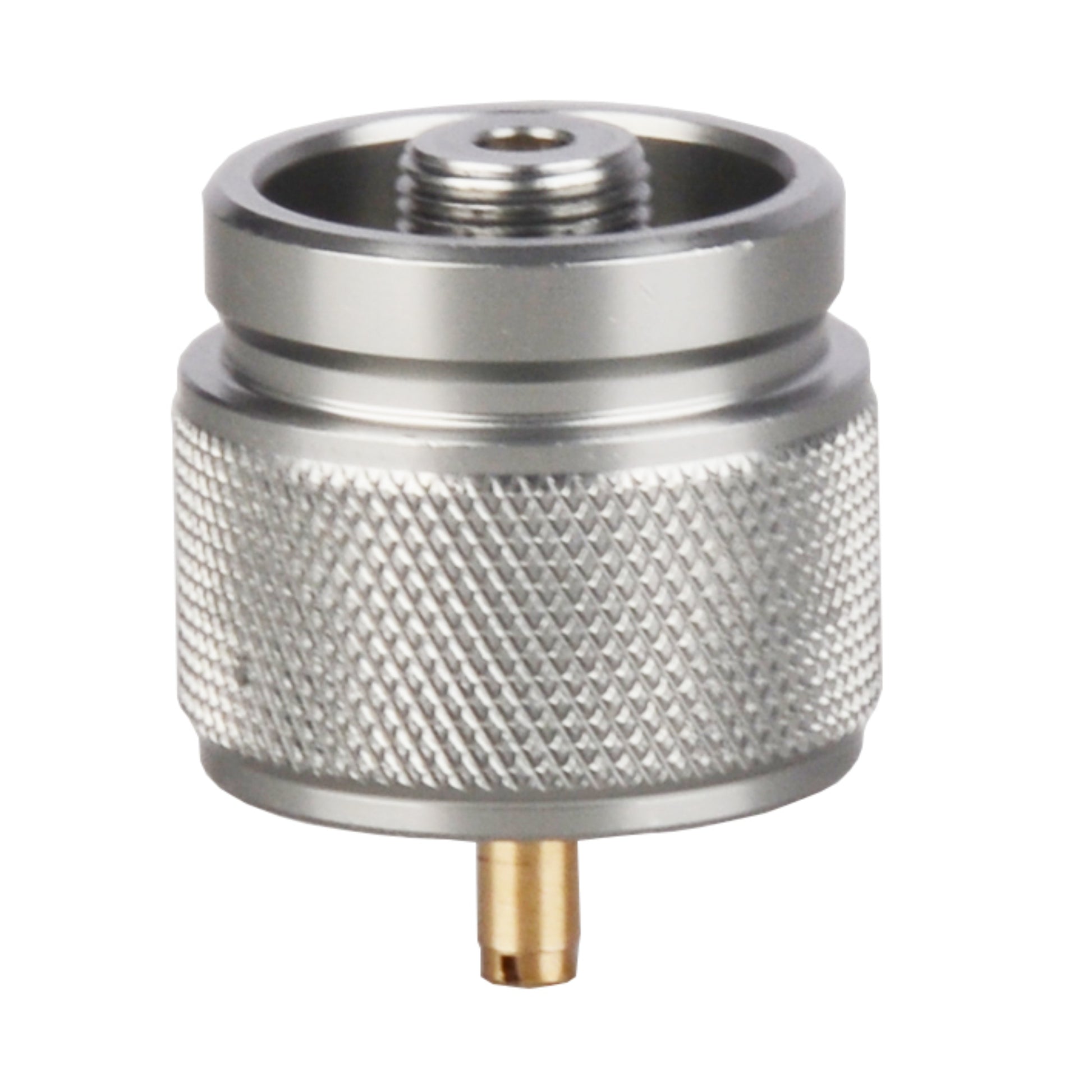 STARCAMP 31g all-metal propane gas tank adapter in brushed aluminium with deep diamond knurl grip and brass pin