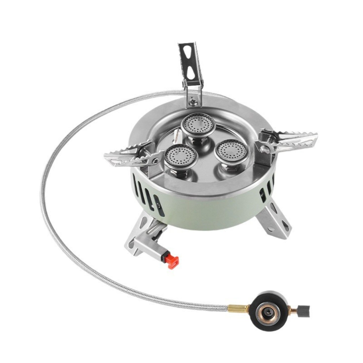 STARCAMP 6800W round triple burner camping stove with flexible braided hose and foldable pot support arms