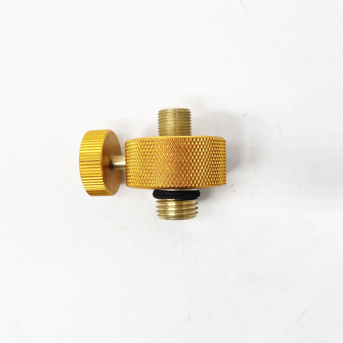 Close up of STARCAMP split type gas adapter bottom valve for standard gas cartridge connection