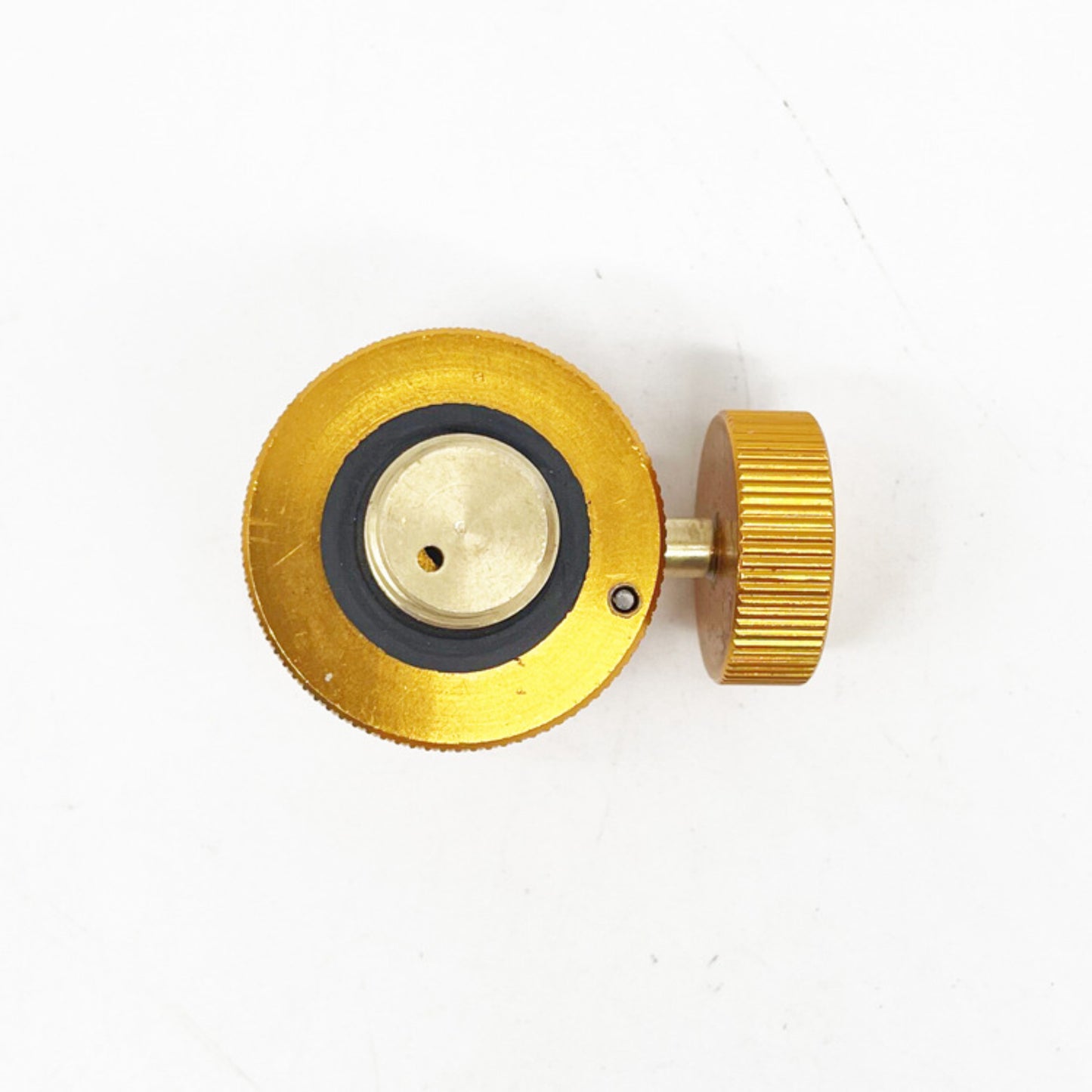Side profile of STARCAMP 45g split type gas cartridge adapter showing compact 30 x 22 x 35mm all-metal construction