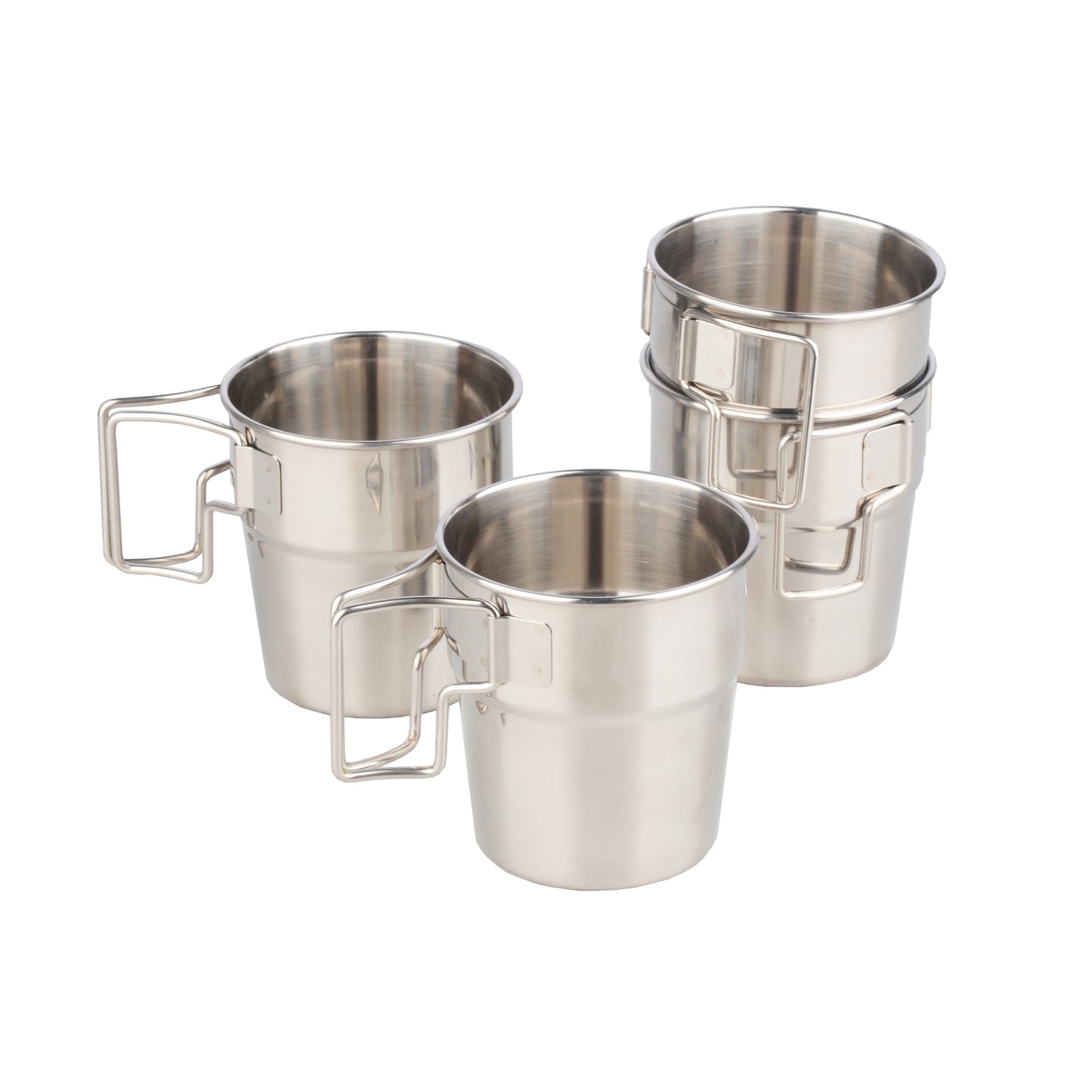 STARCAMP set of four matching 300ml stainless steel camping cups with folding square wire handles and polished finish