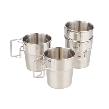 STARCAMP set of four matching 300ml stainless steel camping cups with folding square wire handles and polished finish