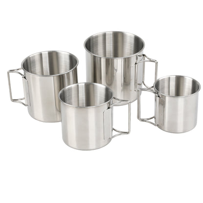 STARCAMP 4-piece 304 stainless steel camping cup set in 220ml to 660ml graduated sizes with black mesh carry bag and orange gift box