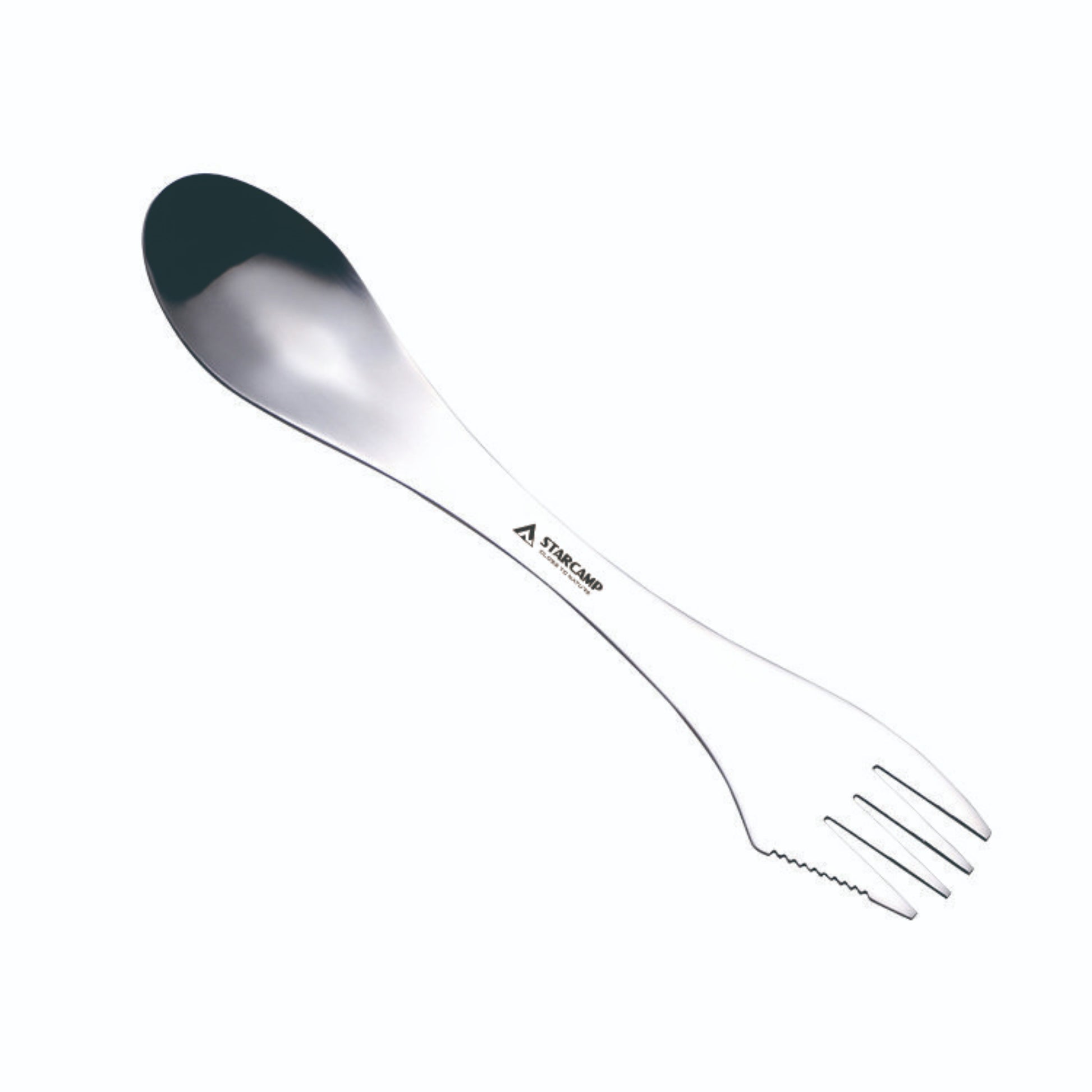 STARCAMP stainless steel 2-in-1 camping spork showing fork tines on one end and spoon bowl on other with polished finish