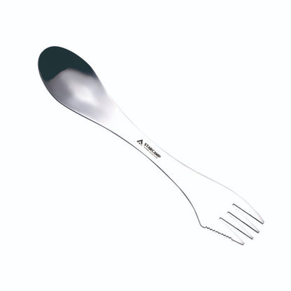 STARCAMP stainless steel 2-in-1 camping spork showing fork tines on one end and spoon bowl on other with polished finish