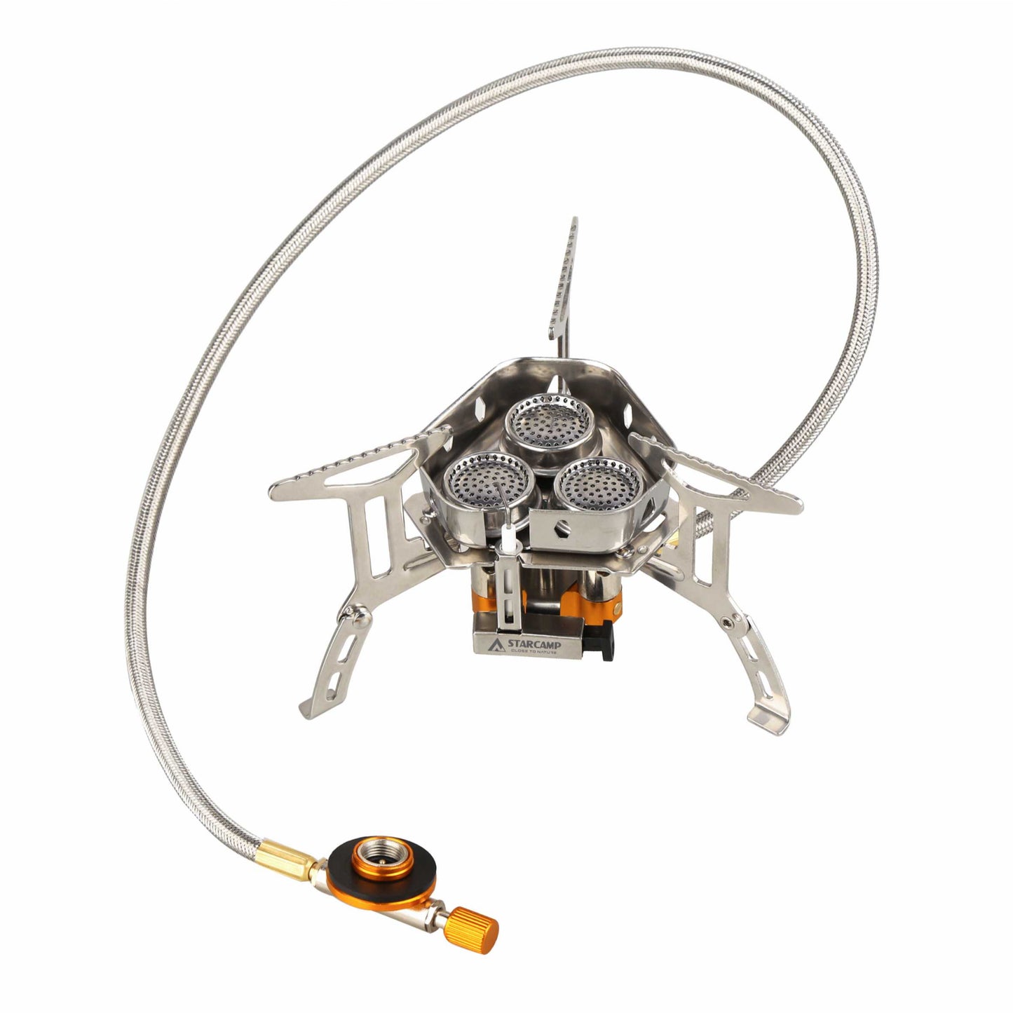 STARCAMP 6800W triple burner camping stove with hexagonal wind shield and long flexible braided hose