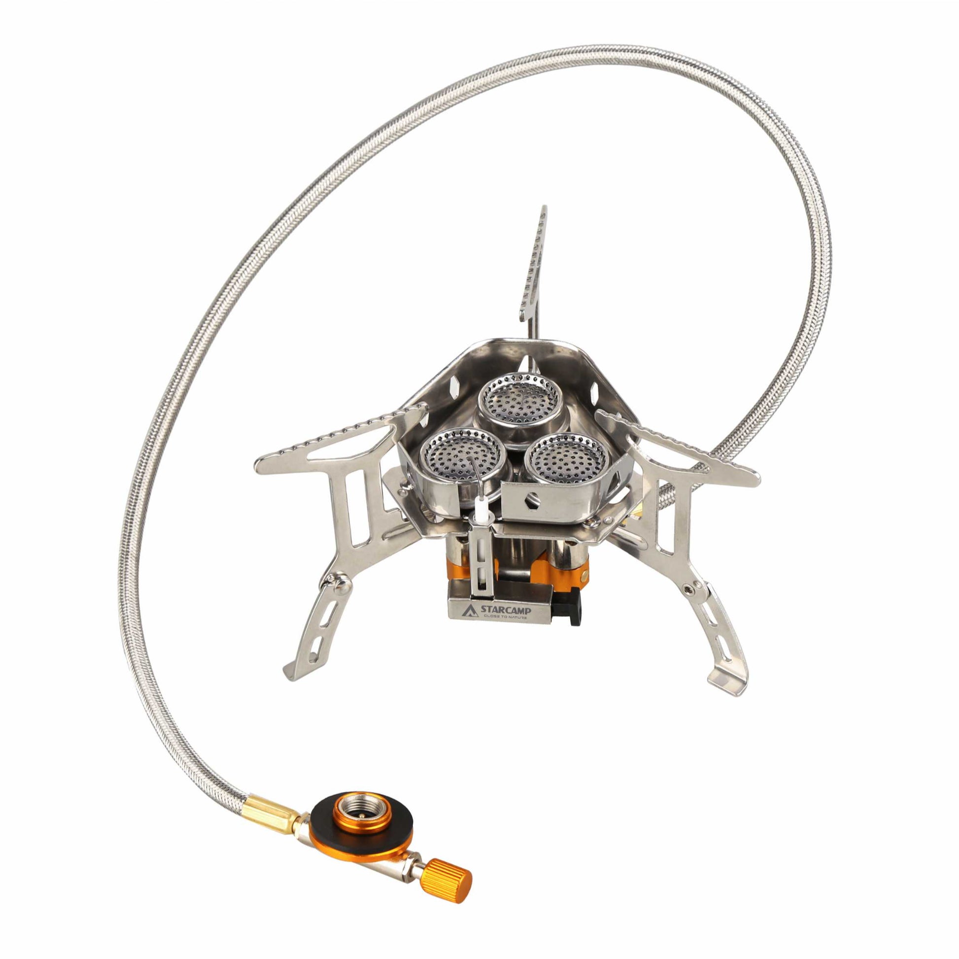 STARCAMP 6800W triple burner camping stove with hexagonal wind shield and long flexible braided hose