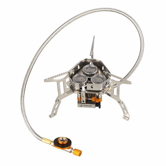 STARCAMP 6800W triple burner camping stove with hexagonal wind shield and long flexible braided hose