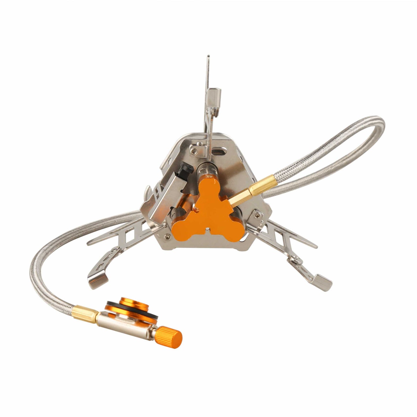 STARCAMP triple burner stove long flexible braided hose with gold anodized gas canister connector