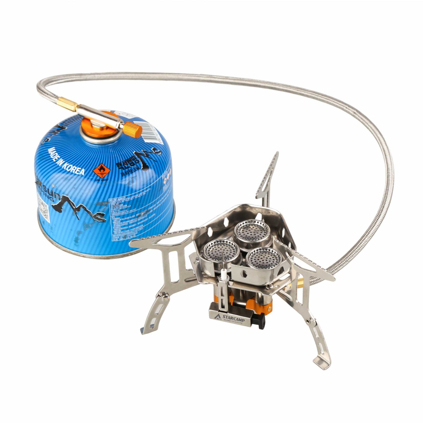 Top view of STARCAMP triple burner camping stove showing three individual burner heads and wind shield