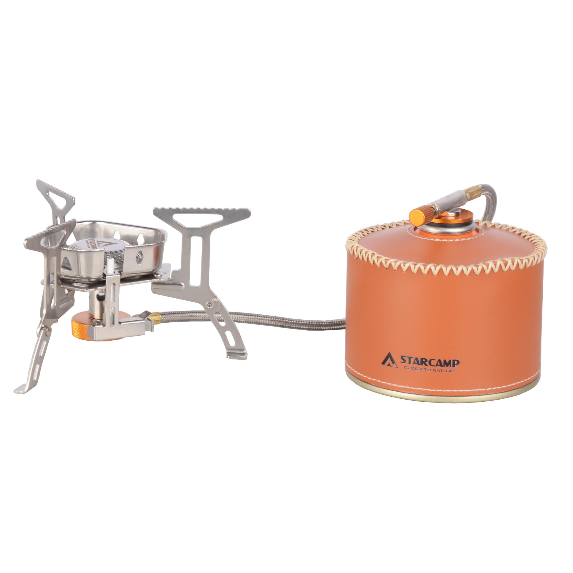 Camping stove with fuel canister on a white background, featuring the Starcamp brand.