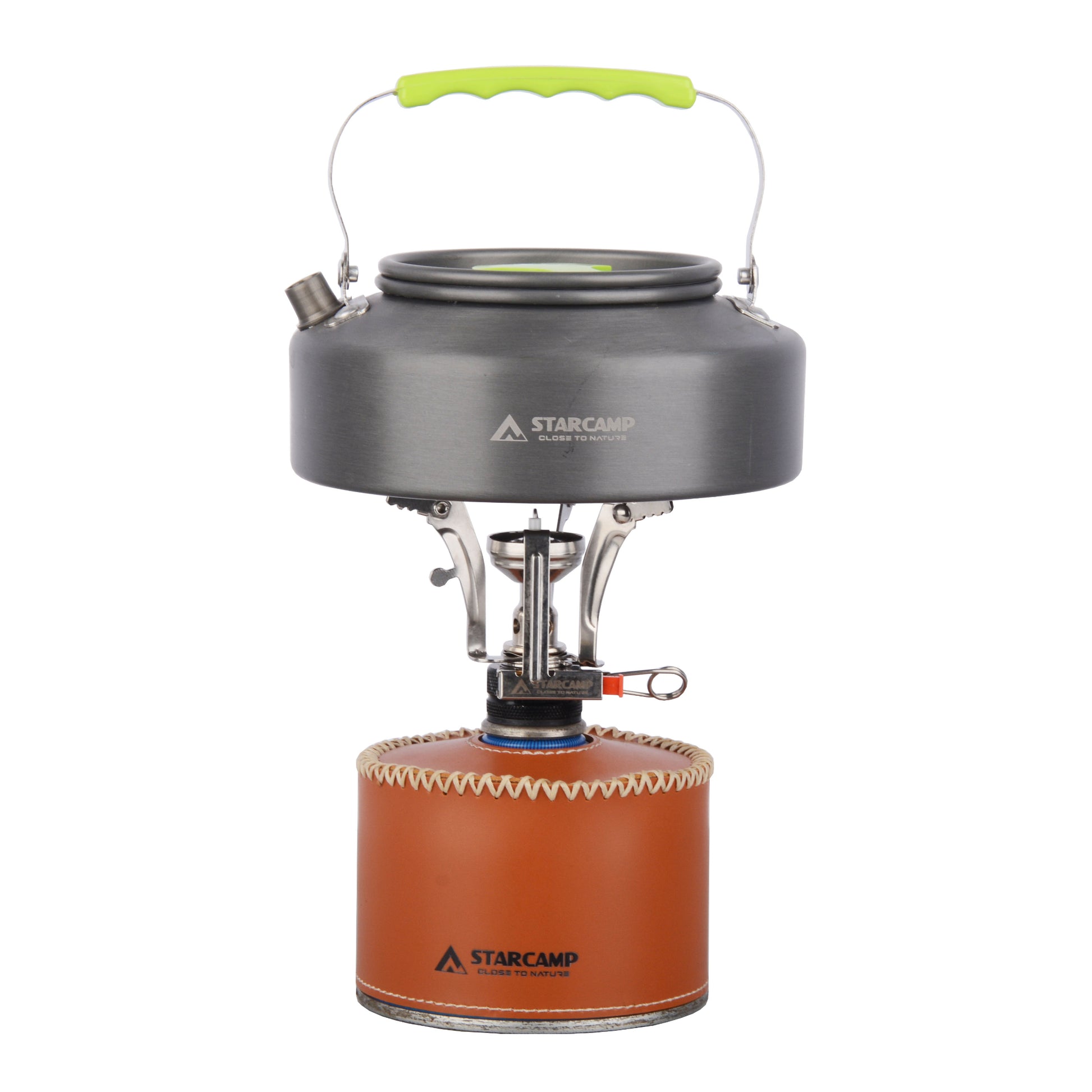 Camping stove with kettle on a white background, featuring Starcamp branding.