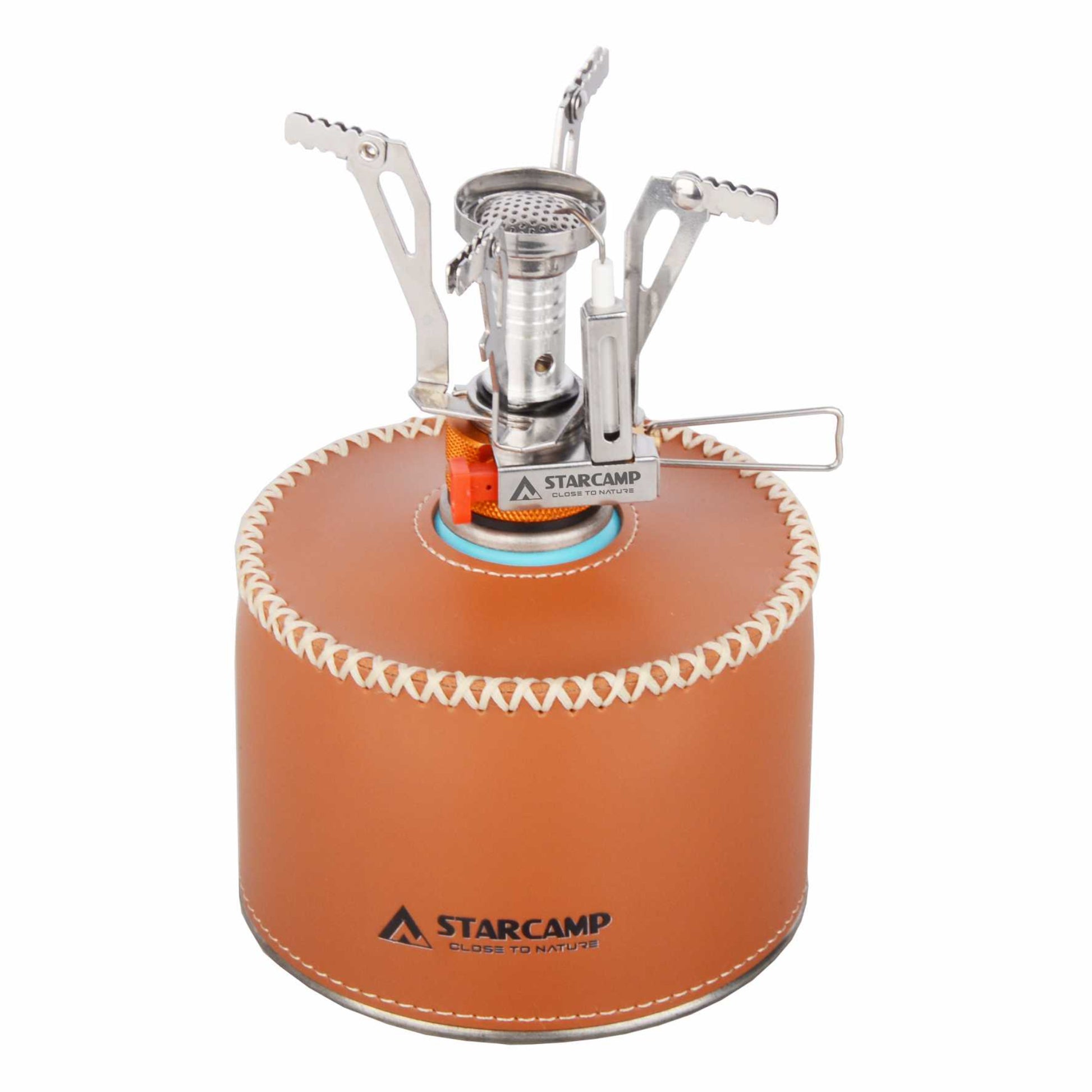 Starcamp camping stove with brown leather cover on a white background