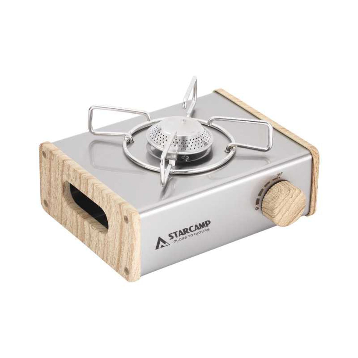 Portable camping stove with wooden base and Starcamp branding on a white background