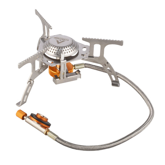 Portable camping stove with fuel tube on a white background
