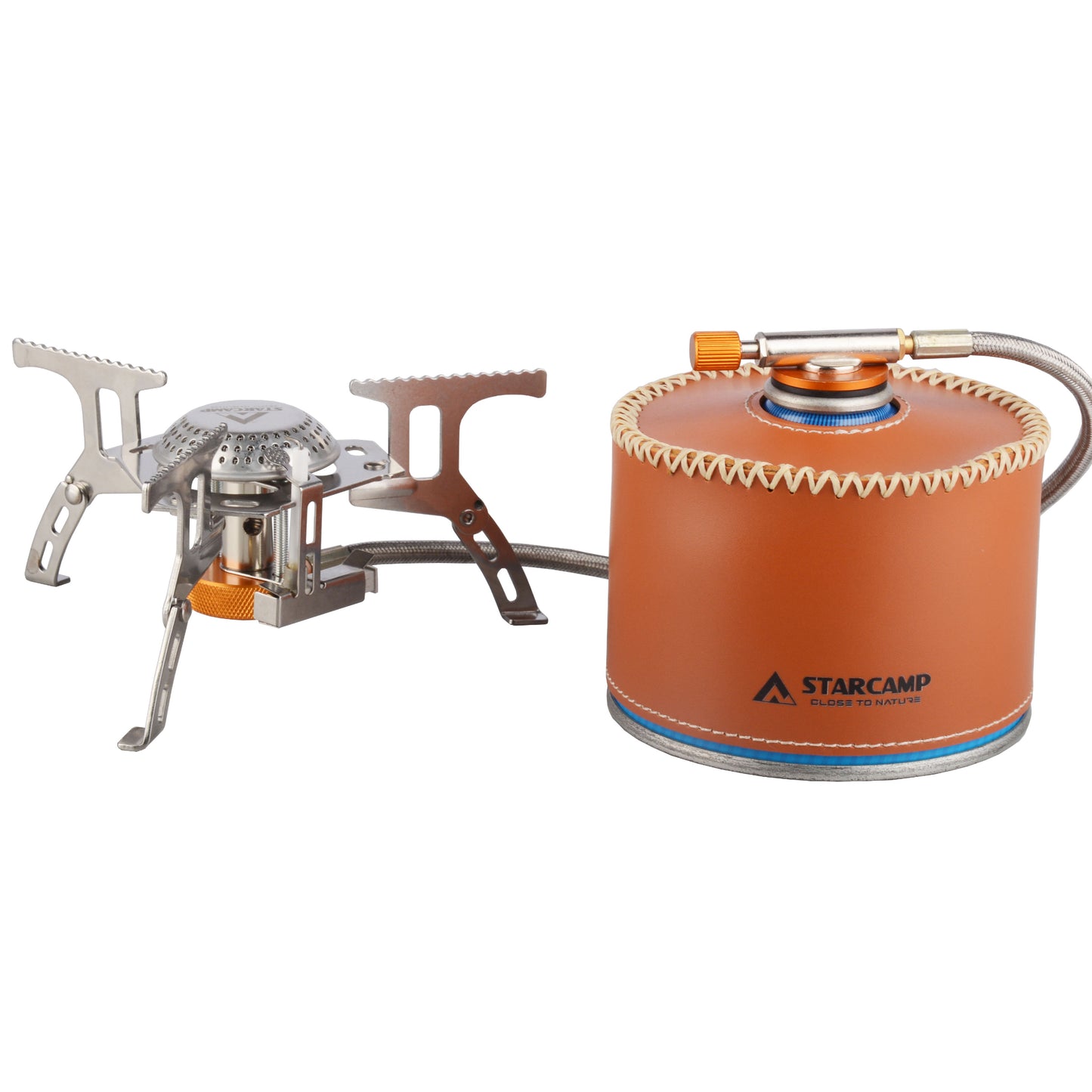 Portable camping stove with leather-wrapped fuel canister on a white background, featuring the Starcamp brand.