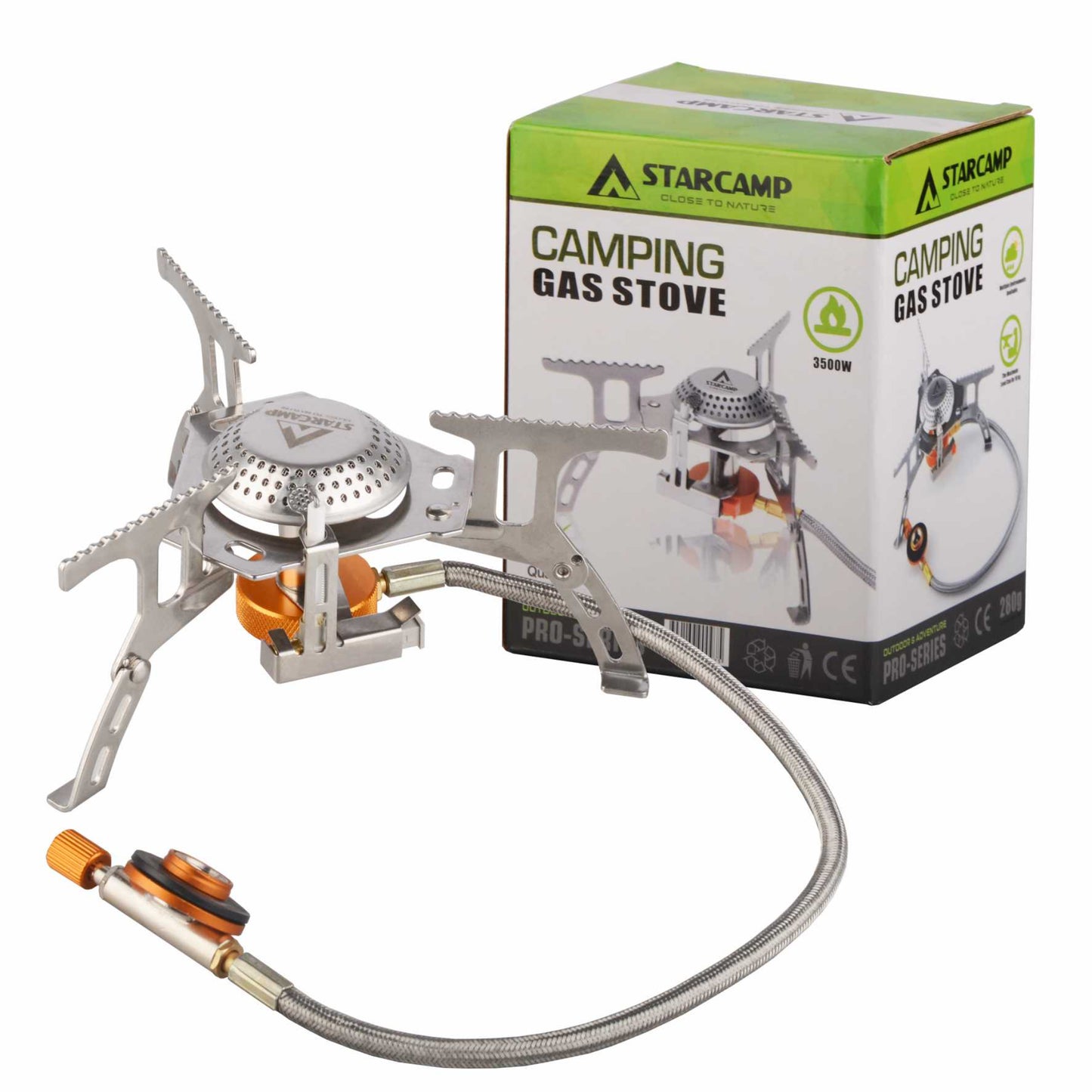Camping gas stove with packaging on a white background