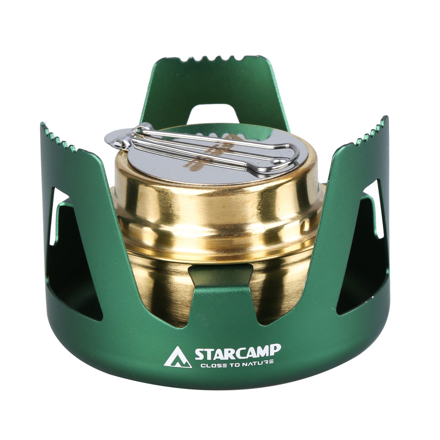 Green and gold camping stove with 'Starcamp' branding on a white background