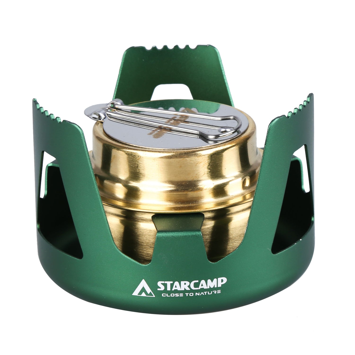Green and gold camping stove with 'Starcamp' branding on a white background