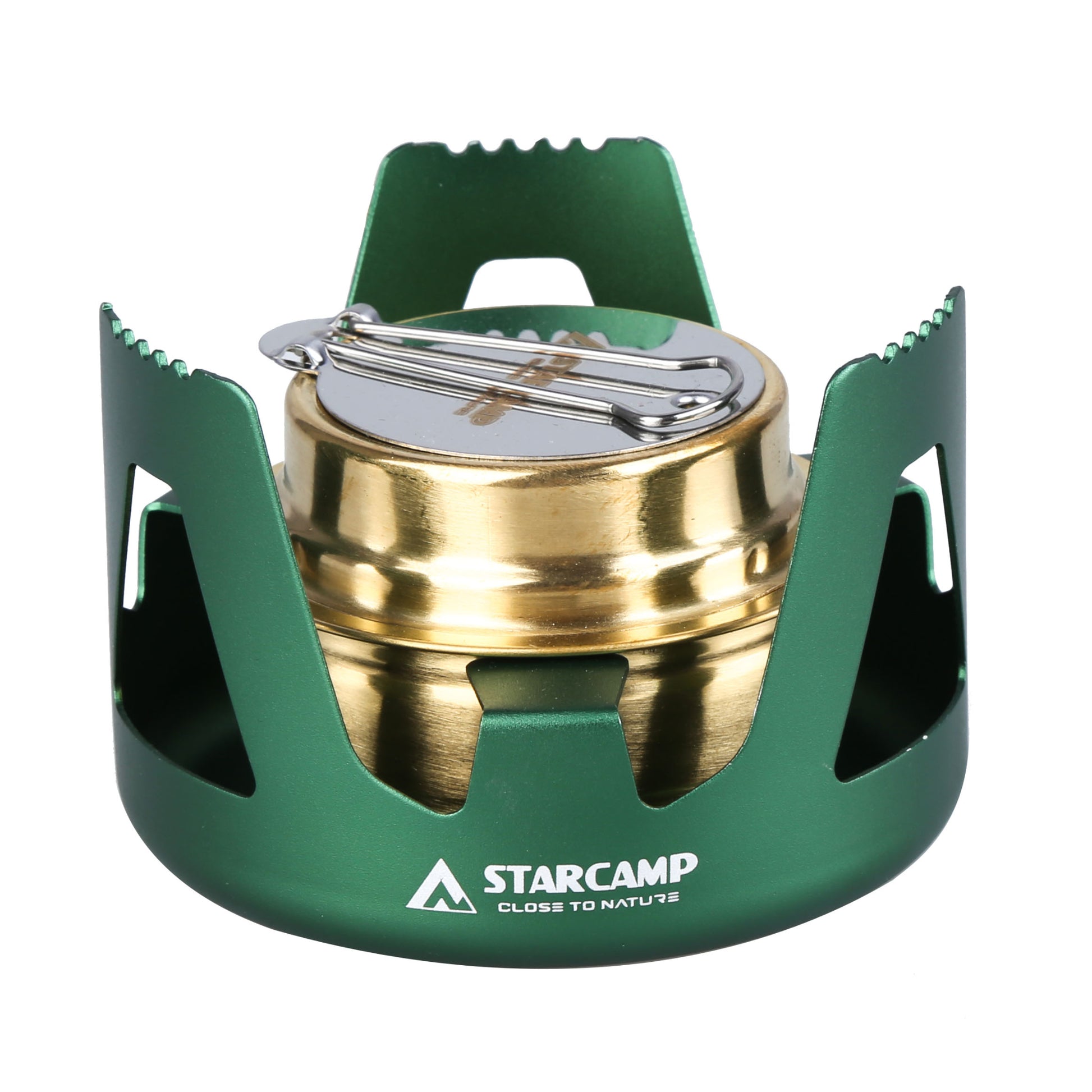 Green and gold camping stove with 'Starcamp' branding on a white background
