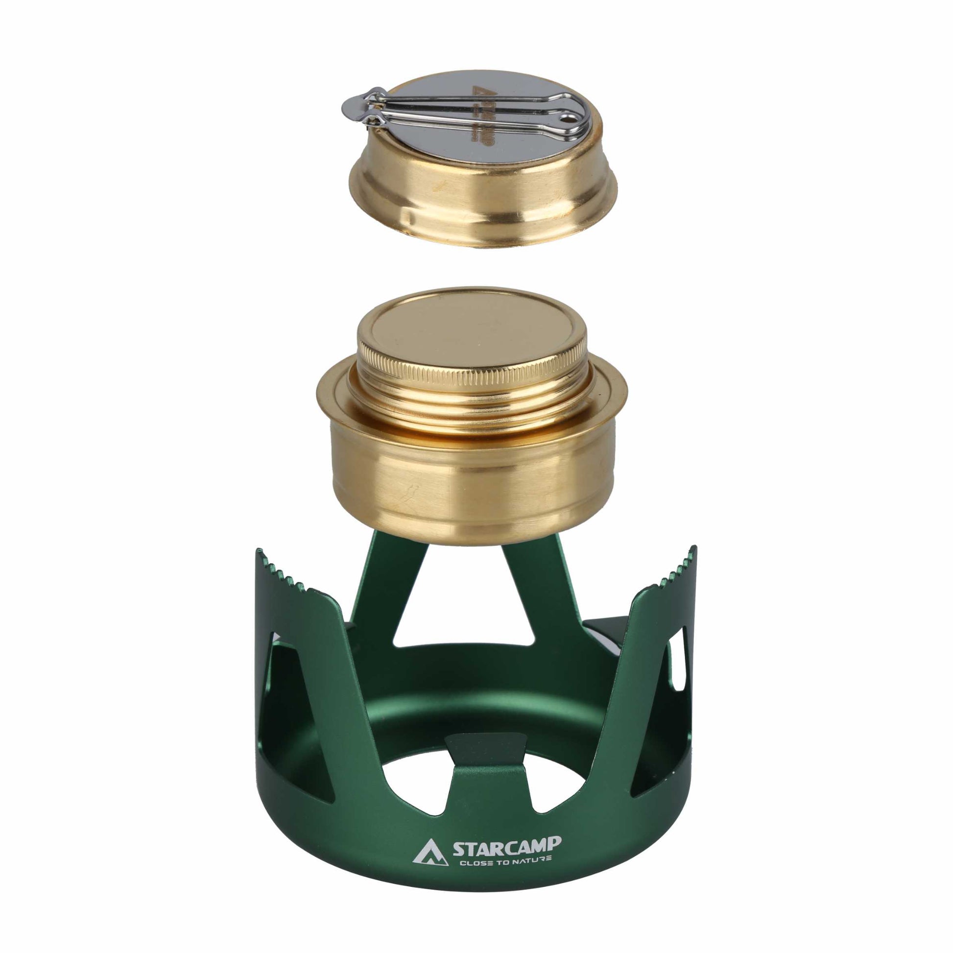 Green camping stove with gold top on a white background, featuring the Starcamp brand.